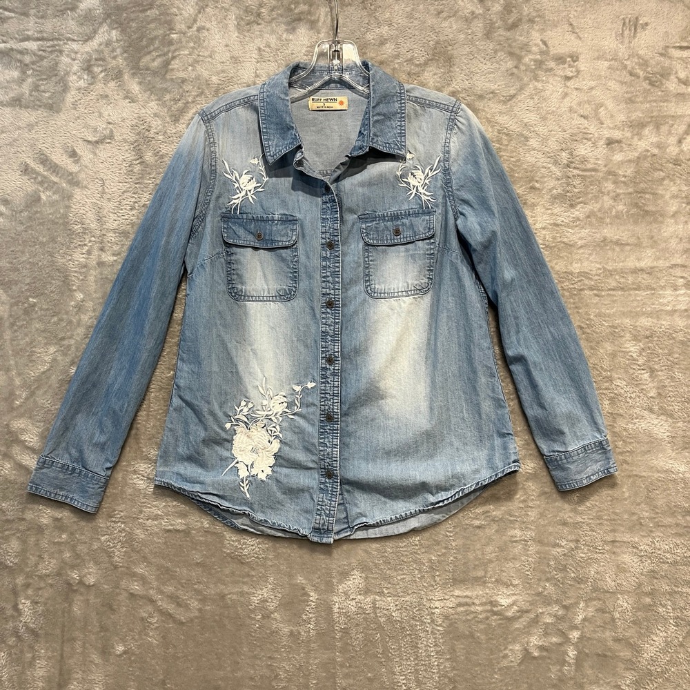 Ruff Hewn Denim Button Up Shirt Womens S Blue Floral Embroidered Long Sleeve